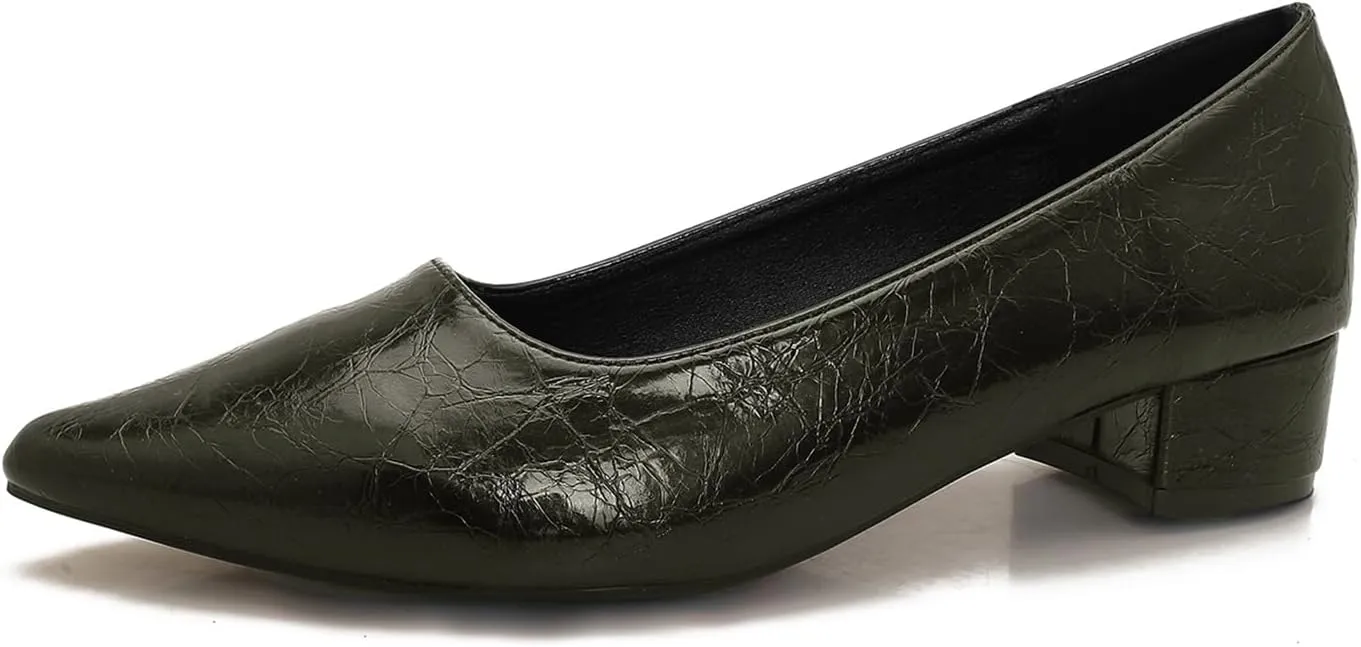 1 Inch Slip On Pointed Closed Toe Pumps for Women Comfortable Low Block Chunky Work Heels Women's Black Red Dressy Pump Shoes for Business Meeting Party