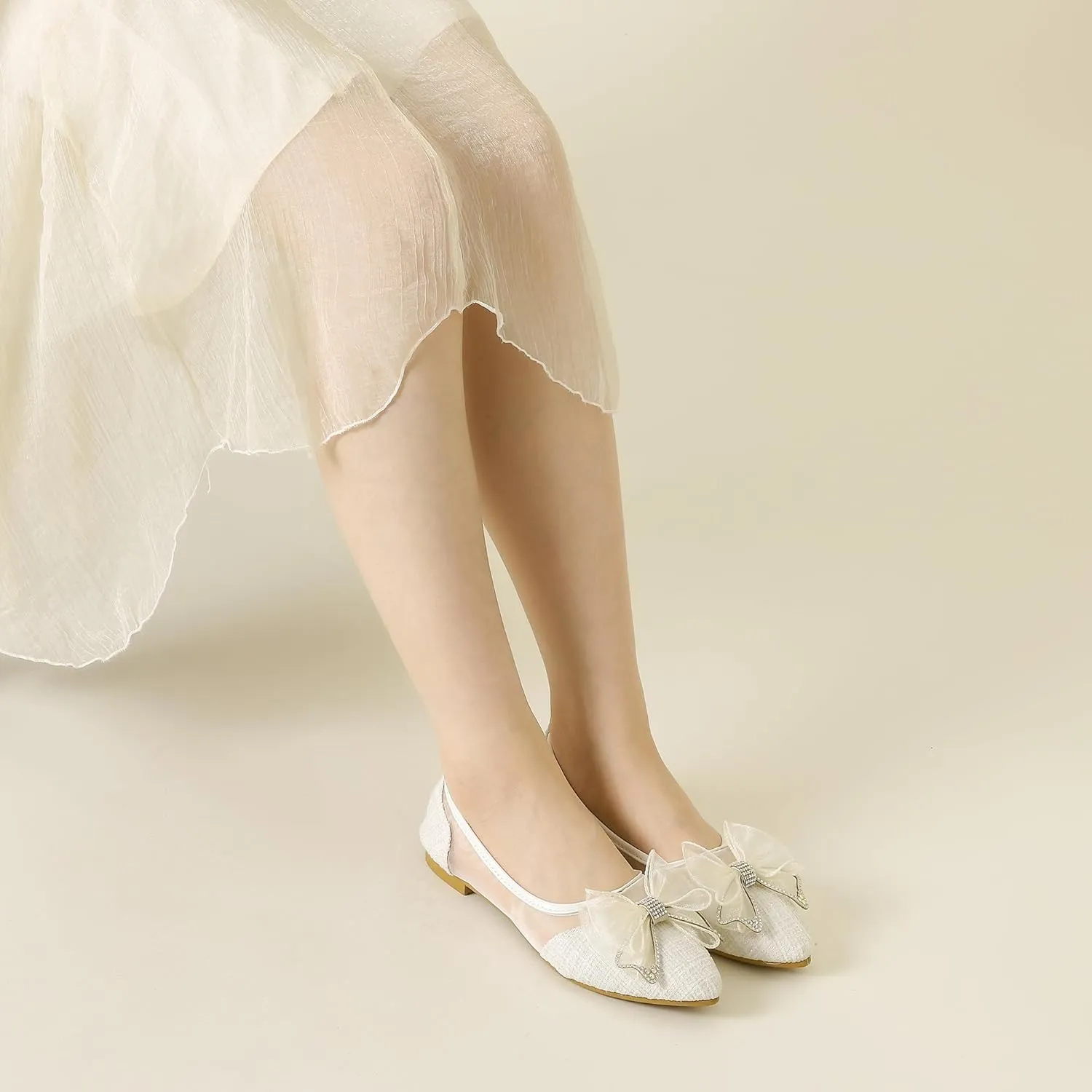 Allegra K Women's Pointed Toe Rhinestone Bow Slip on Mesh Ballet Flats