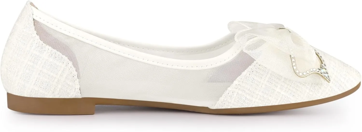 Allegra K Women's Pointed Toe Rhinestone Bow Slip on Mesh Ballet Flats