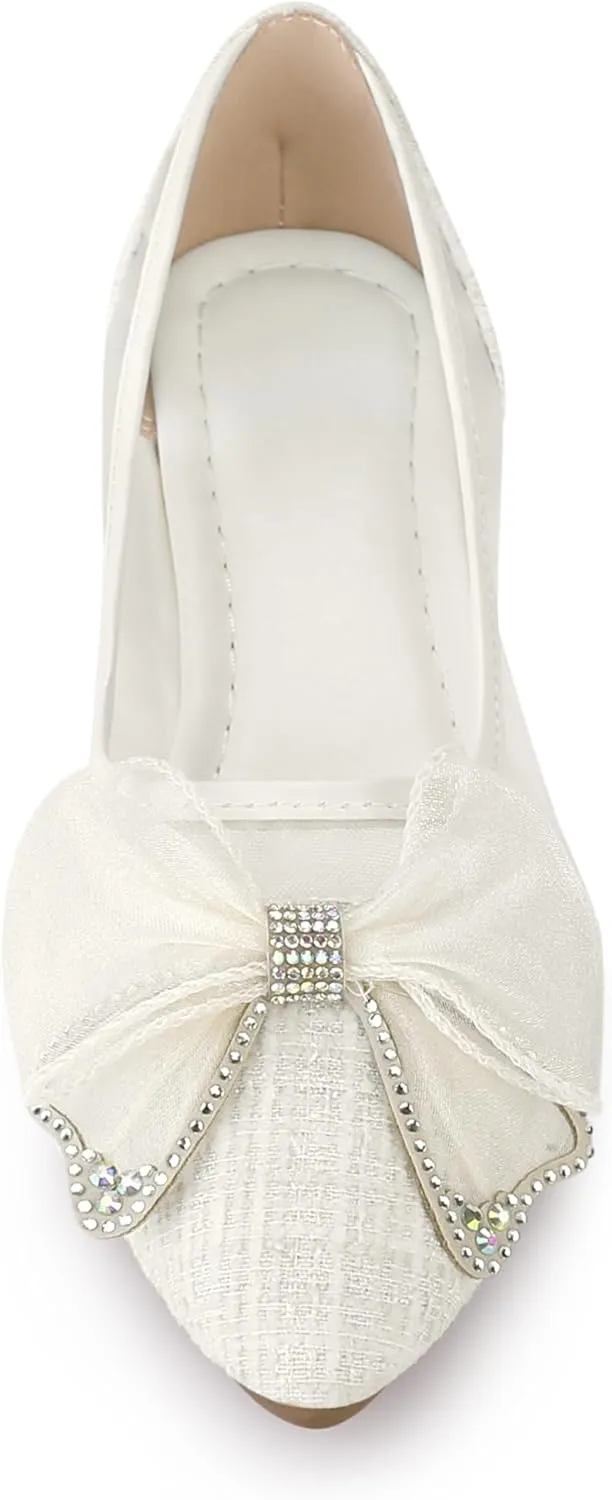 Allegra K Women's Pointed Toe Rhinestone Bow Slip on Mesh Ballet Flats