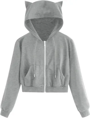 Aniywn Teen Girls Hoodies Cute Cat Ear Crop Top Gothic Hooded Sweatshirt Women Casual Long Sleeve Pullover Hodies