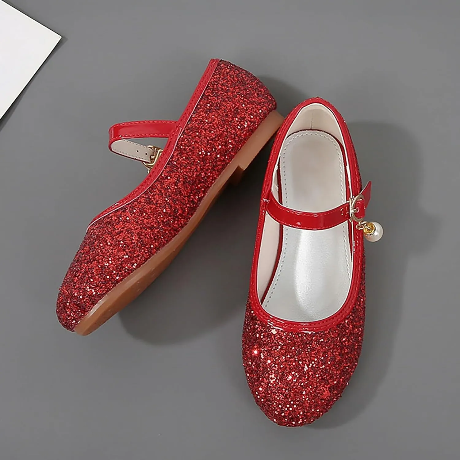 Baby Girls Pearl Sequins Sandals Low Heel Fancy Glitter Strap Ankle Shoes Kids Toddler Formal Wedding Closed Toe Sandals