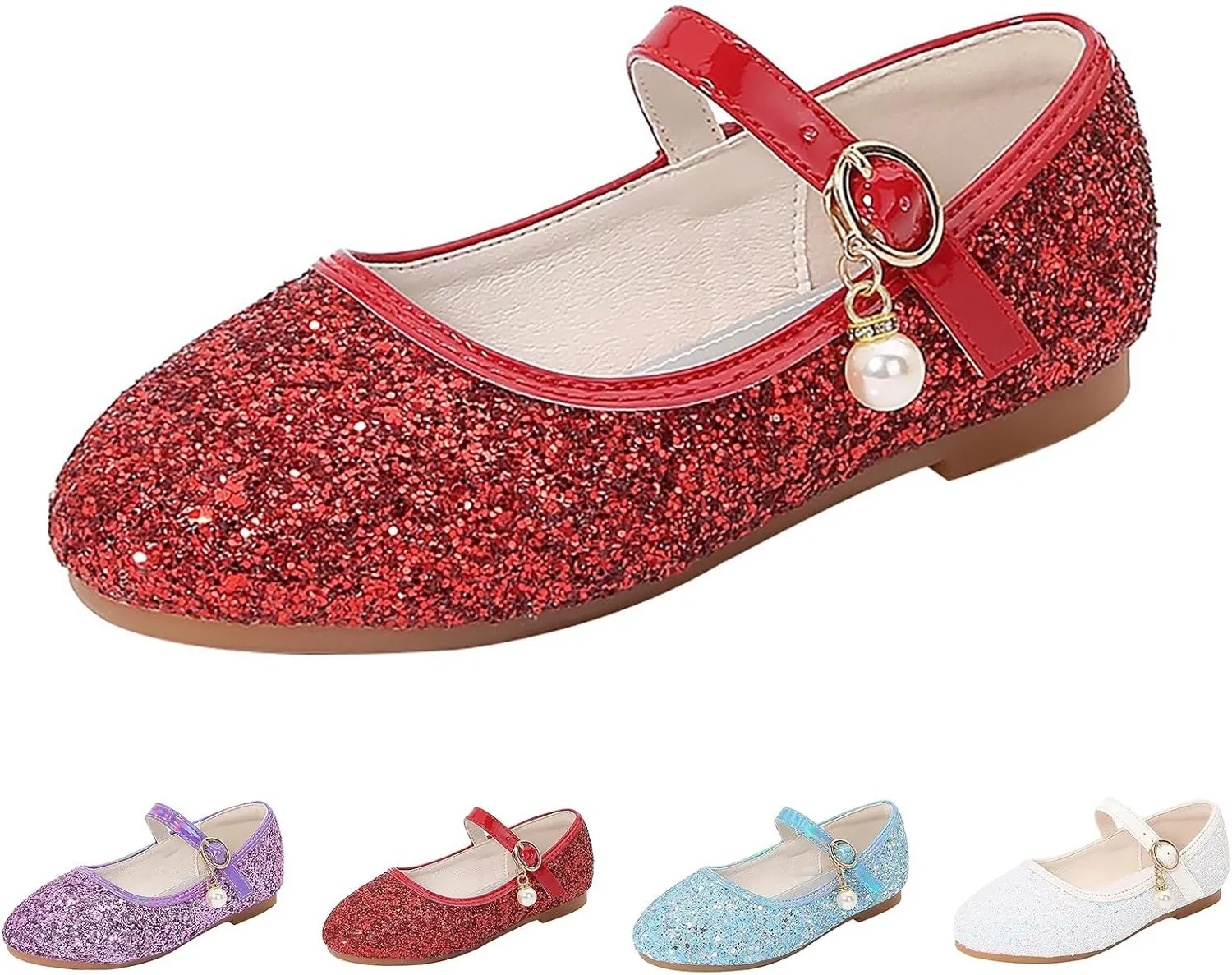 Baby Girls Pearl Sequins Sandals Low Heel Fancy Glitter Strap Ankle Shoes Kids Toddler Formal Wedding Closed Toe Sandals