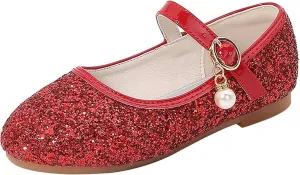 Baby Girls Pearl Sequins Sandals Low Heel Fancy Glitter Strap Ankle Shoes Kids Toddler Formal Wedding Closed Toe Sandals
