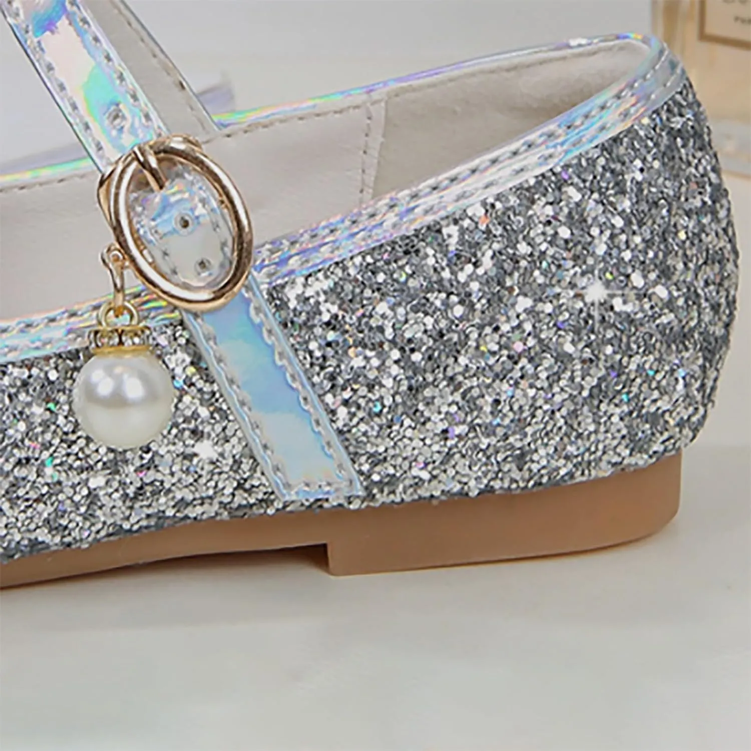 Baby Girls Pearl Sequins Sandals Low Heel Fancy Glitter Strap Ankle Shoes Kids Toddler Formal Wedding Closed Toe Sandals