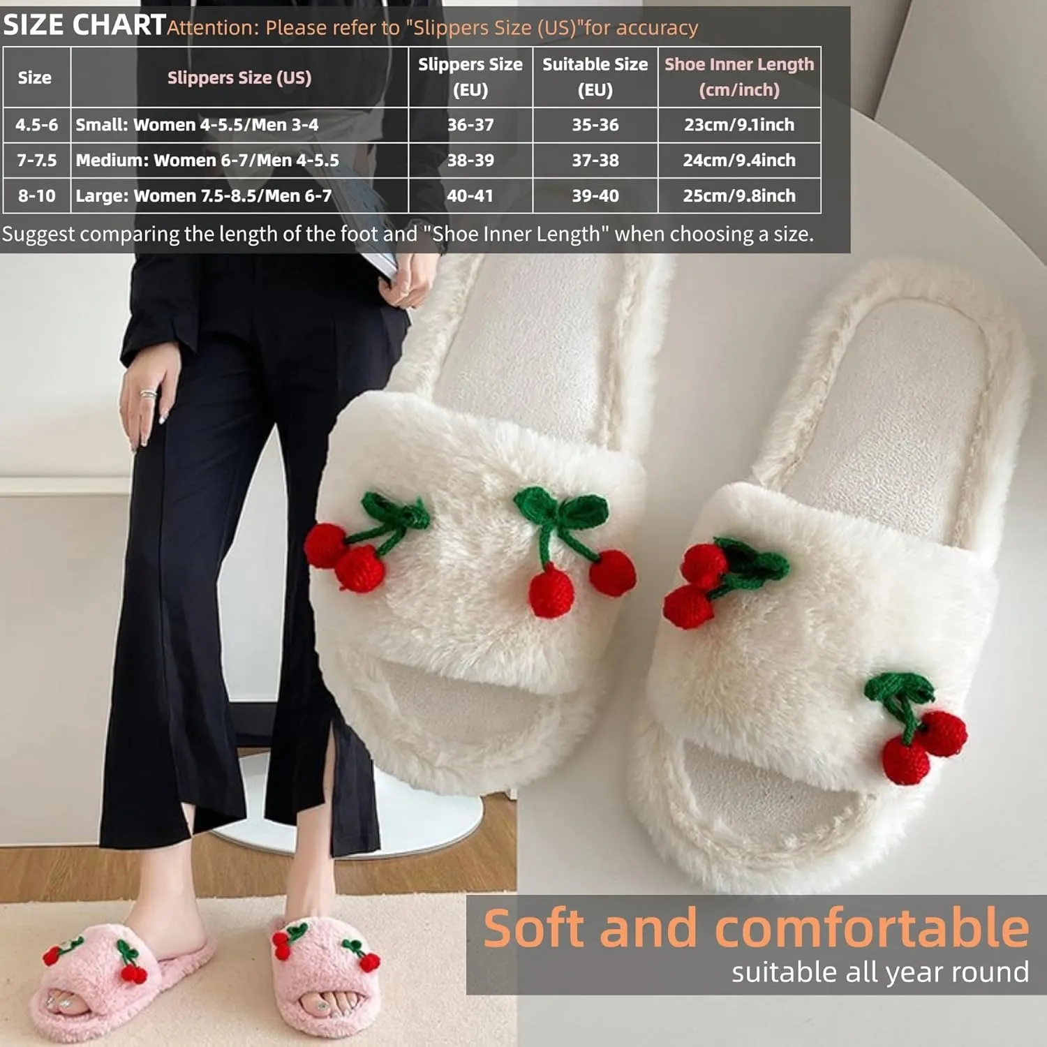 Cute Cherry Slippers for Women Indoor Cozy Soft Fuzzy House Slipper Winter Warm Plush Home Bedroom Shoes Slip On Lightweight