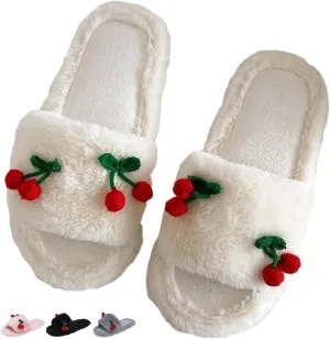 Cute Cherry Slippers for Women Indoor Cozy Soft Fuzzy House Slipper Winter Warm Plush Home Bedroom Shoes Slip On Lightweight