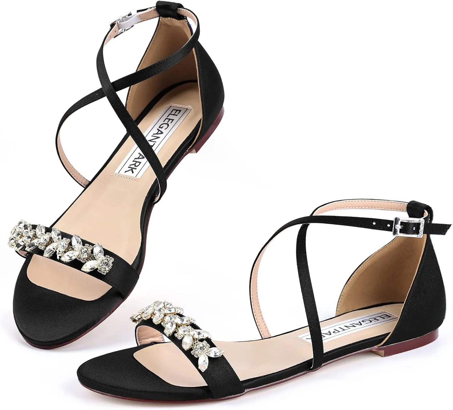 ELEGANTPARK FS2321 Sandals for Women Open Toe Wedding Sandals for Bride Bridesmaids Strappy Sandals Satin Bridal Evening Party Summer Sandals Flats