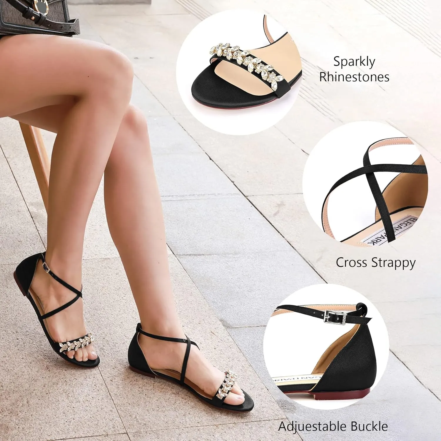 ELEGANTPARK FS2321 Sandals for Women Open Toe Wedding Sandals for Bride Bridesmaids Strappy Sandals Satin Bridal Evening Party Summer Sandals Flats