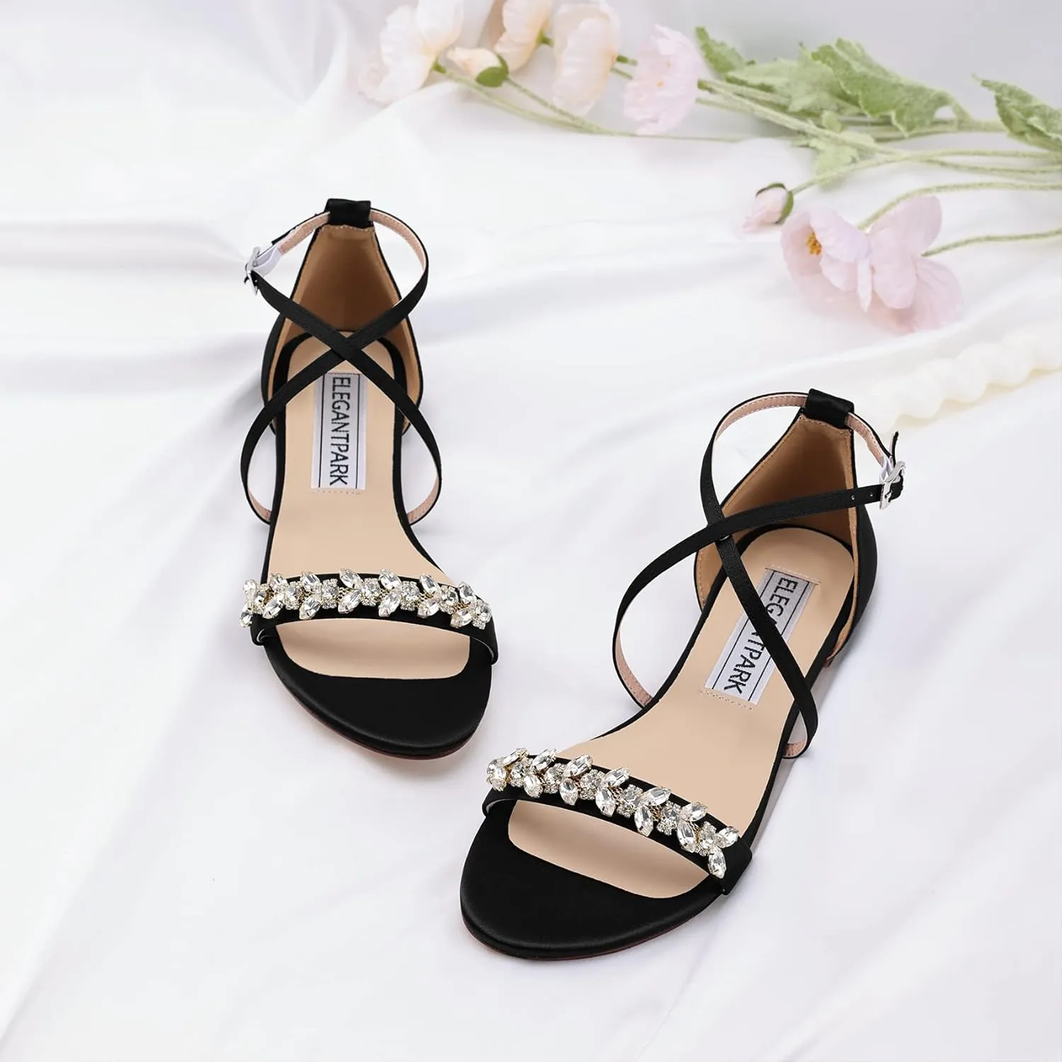 ELEGANTPARK FS2321 Sandals for Women Open Toe Wedding Sandals for Bride Bridesmaids Strappy Sandals Satin Bridal Evening Party Summer Sandals Flats