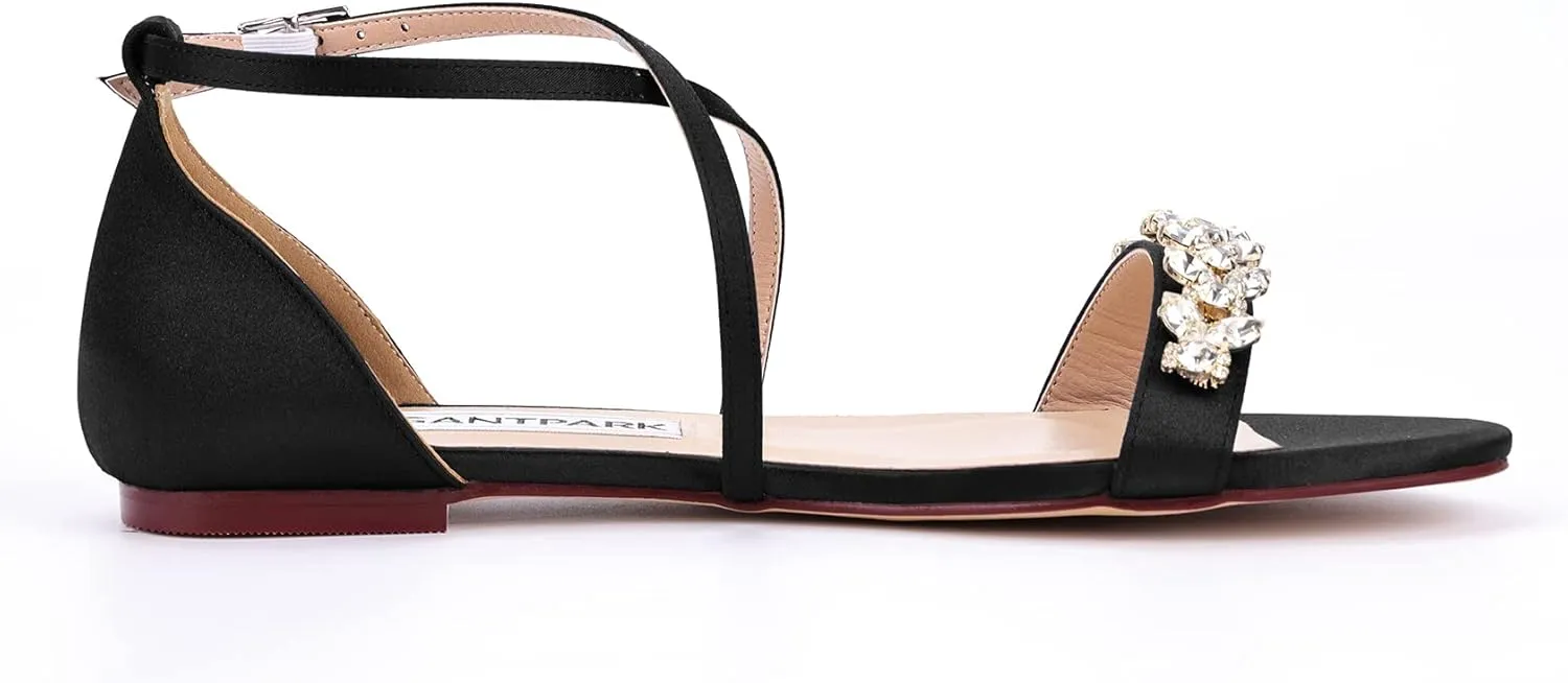 ELEGANTPARK FS2321 Sandals for Women Open Toe Wedding Sandals for Bride Bridesmaids Strappy Sandals Satin Bridal Evening Party Summer Sandals Flats