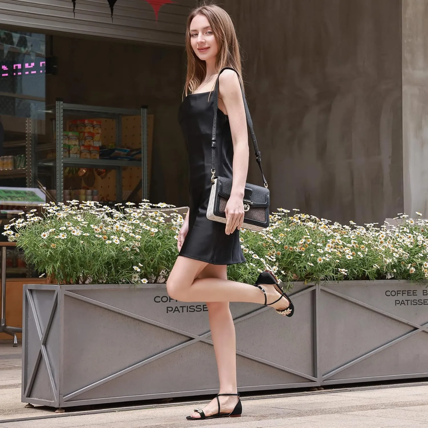 ELEGANTPARK FS2321 Sandals for Women Open Toe Wedding Sandals for Bride Bridesmaids Strappy Sandals Satin Bridal Evening Party Summer Sandals Flats