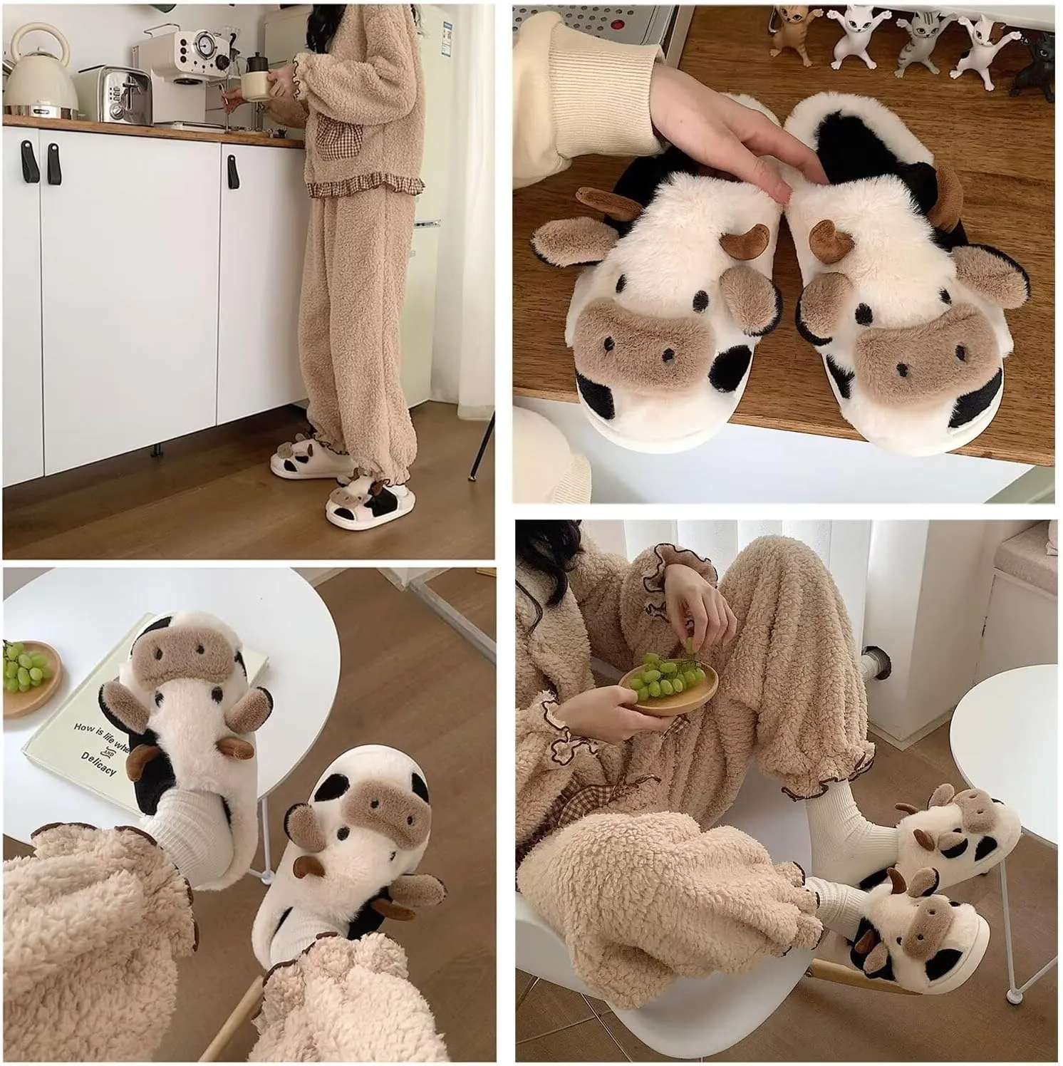 Fuzzy Cow Slippers for Women, Kids & Adults, Toddler to Women's Size 10, Cartoon Animal Theme, Winter Warmth, No Heel, Round Toe, Faux Fur Lining & Sole