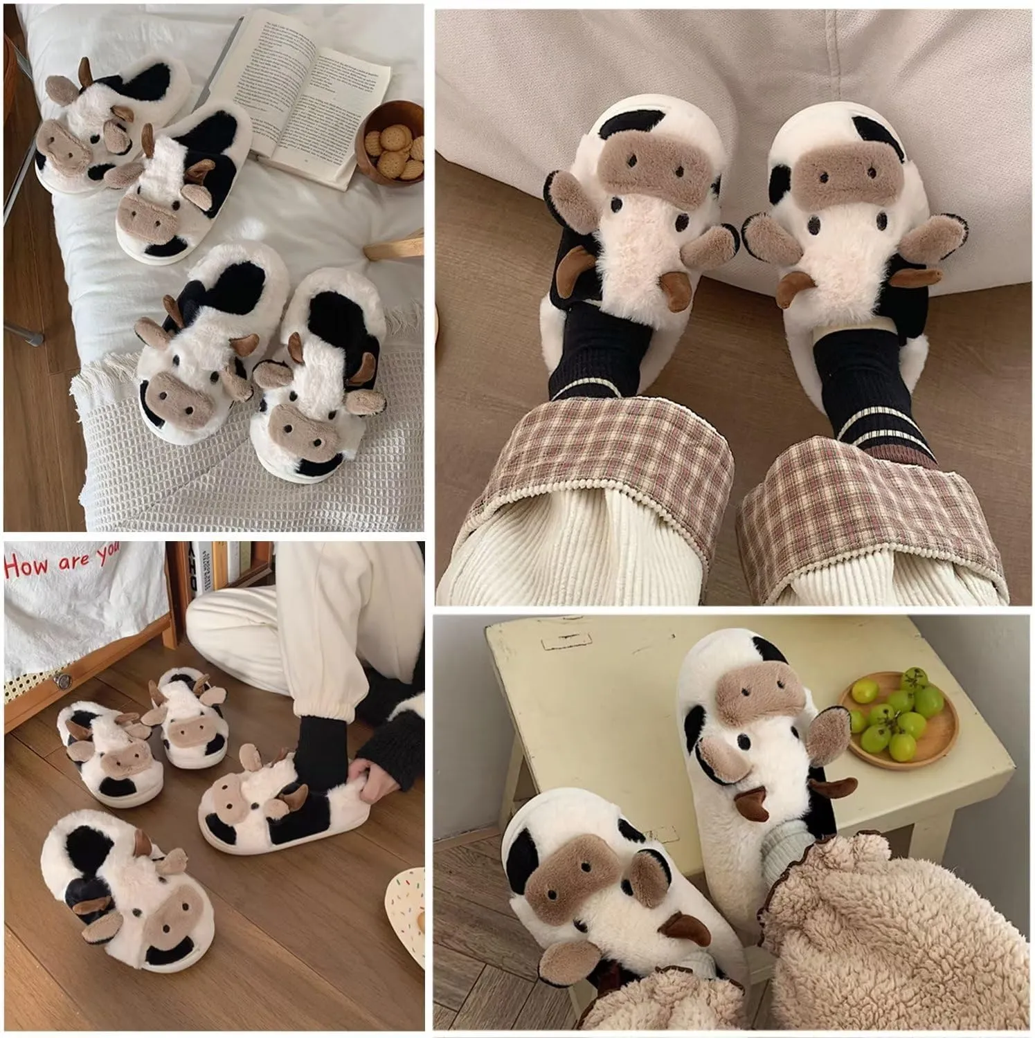 Fuzzy Cow Slippers for Women, Kids & Adults, Toddler to Women's Size 10, Cartoon Animal Theme, Winter Warmth, No Heel, Round Toe, Faux Fur Lining & Sole
