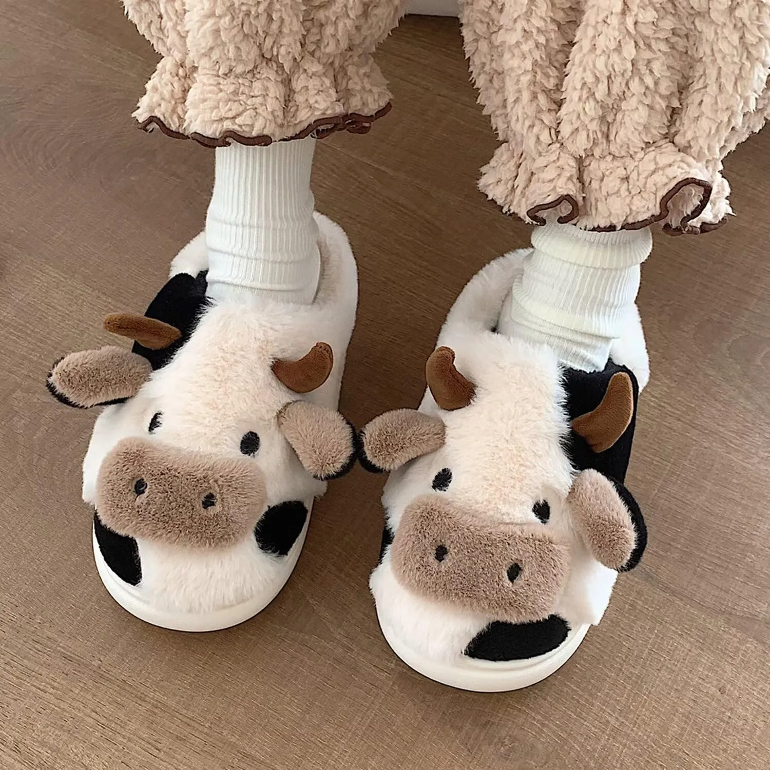 Fuzzy Cow Slippers for Women, Kids & Adults, Toddler to Women's Size 10, Cartoon Animal Theme, Winter Warmth, No Heel, Round Toe, Faux Fur Lining & Sole