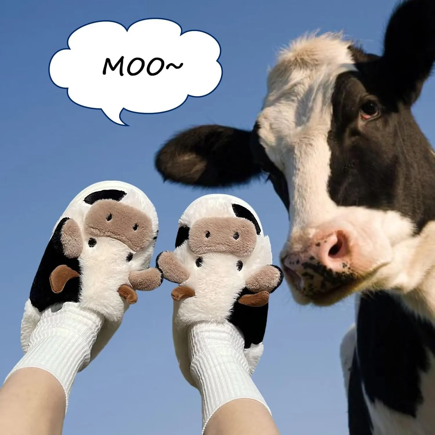 Fuzzy Cow Slippers for Women, Kids & Adults, Toddler to Women's Size 10, Cartoon Animal Theme, Winter Warmth, No Heel, Round Toe, Faux Fur Lining & Sole