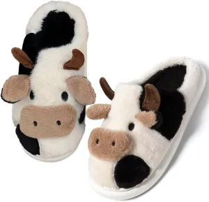 Fuzzy Cow Slippers for Women, Kids & Adults, Toddler to Women's Size 10, Cartoon Animal Theme, Winter Warmth, No Heel, Round Toe, Faux Fur Lining & Sole