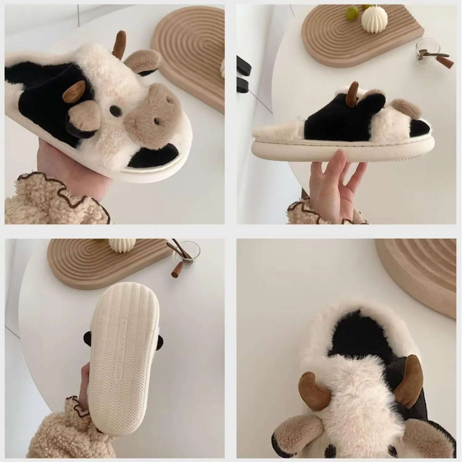Fuzzy Cow Slippers for Women, Kids & Adults, Toddler to Women's Size 10, Cartoon Animal Theme, Winter Warmth, No Heel, Round Toe, Faux Fur Lining & Sole