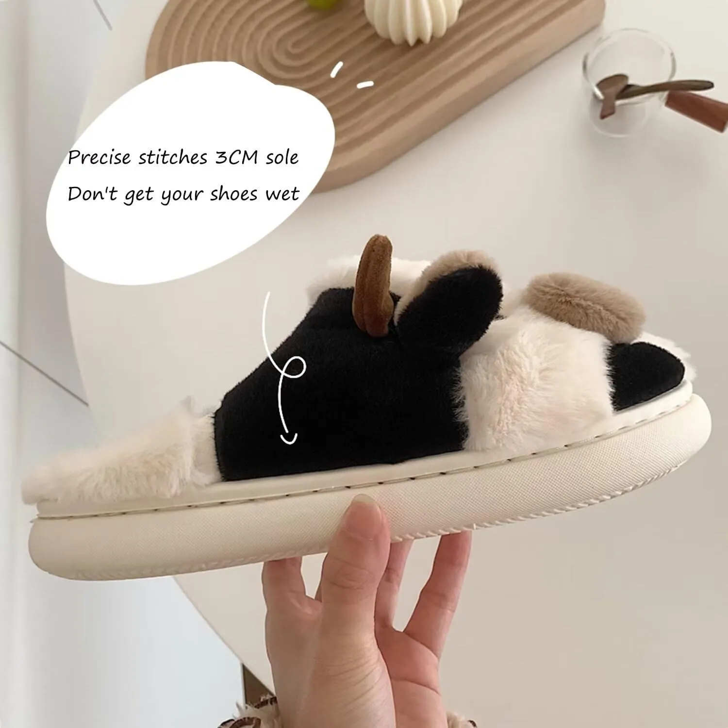 Fuzzy Cow Slippers for Women, Kids & Adults, Toddler to Women's Size 10, Cartoon Animal Theme, Winter Warmth, No Heel, Round Toe, Faux Fur Lining & Sole