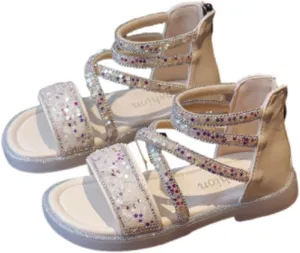 Girls Ankle Open Toe Sandals 𝗟ow Heels Sequins Princess Shoes Toddler Summer Soft Sole Open Toe Dress Loafers Shoes