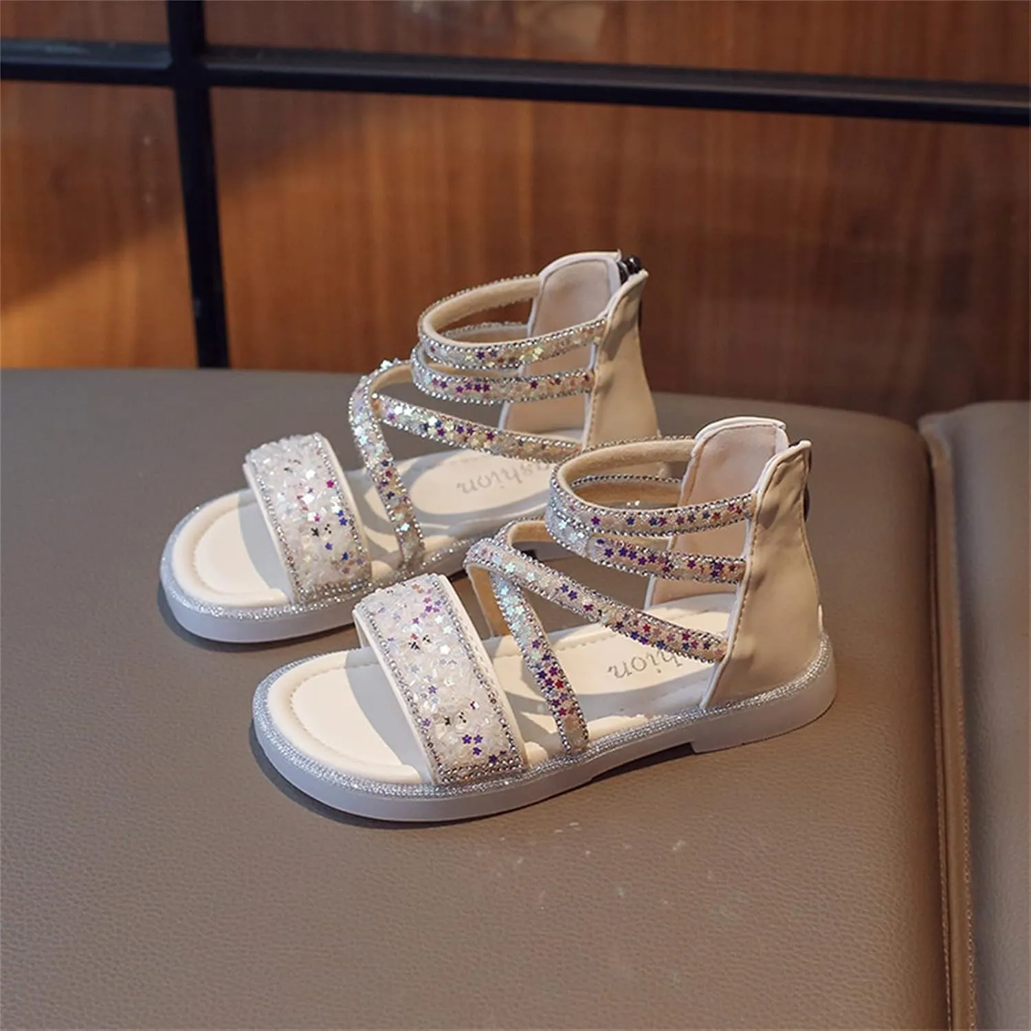 Girls Ankle Open Toe Sandals 𝗟ow Heels Sequins Princess Shoes Toddler Summer Soft Sole Open Toe Dress Loafers Shoes