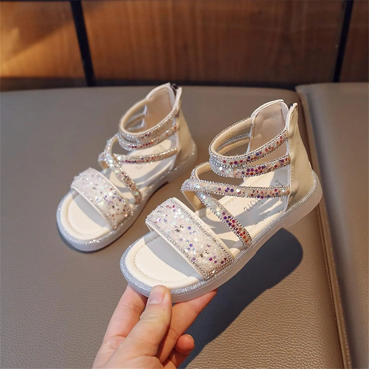 Girls Ankle Open Toe Sandals 𝗟ow Heels Sequins Princess Shoes Toddler Summer Soft Sole Open Toe Dress Loafers Shoes