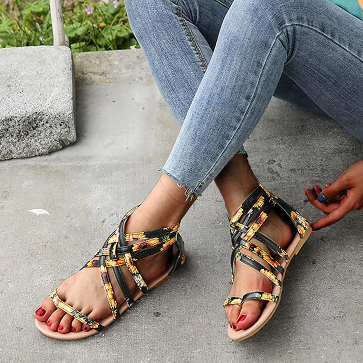Gladiator Sandals for Women Cross Strappy Flat Sandals T-Strap Fisherman Open Toe Ankle Strap Beach Roman Shoes Zipper