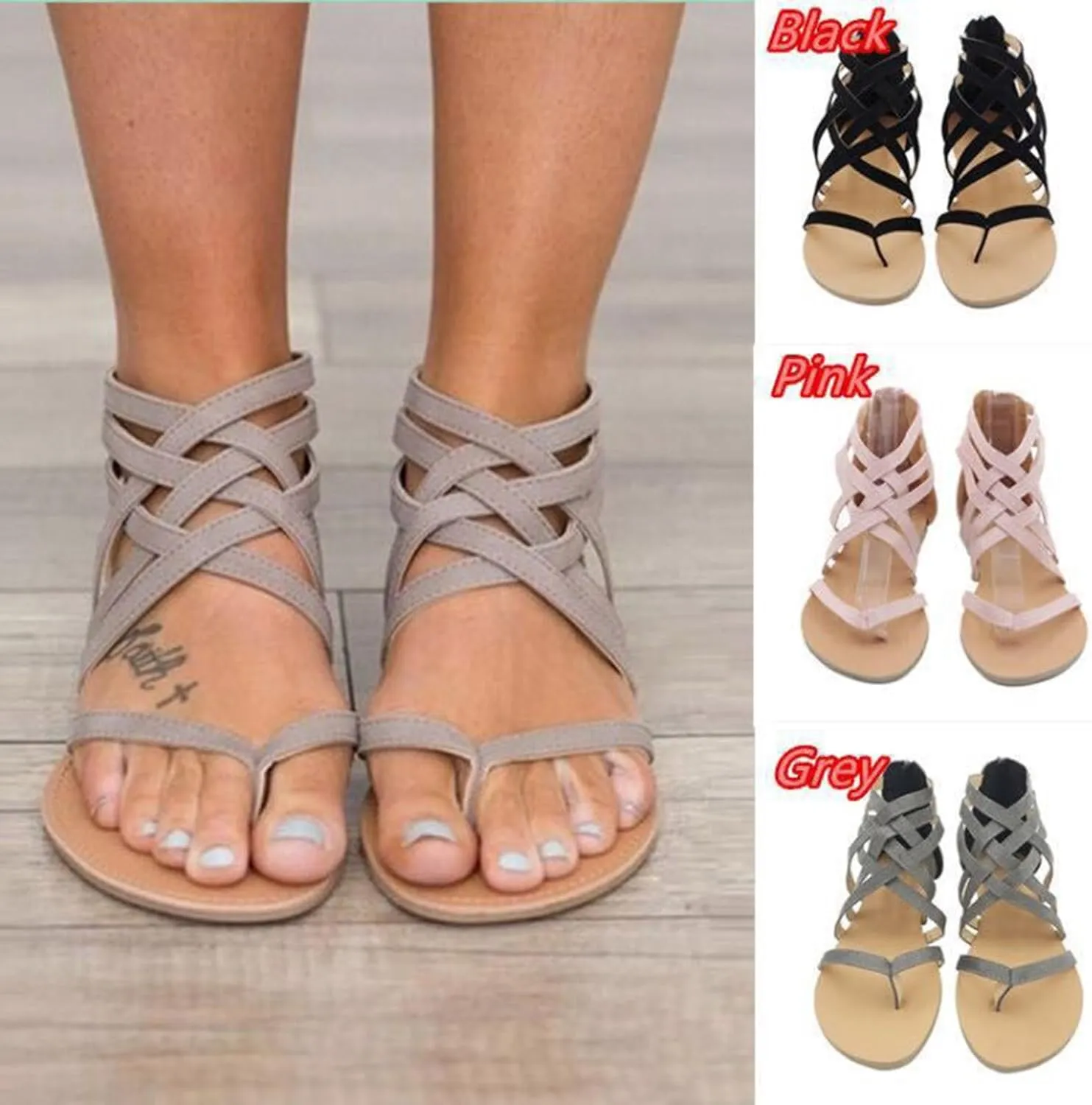 Gladiator Sandals for Women Cross Strappy Flat Sandals T-Strap Fisherman Open Toe Ankle Strap Beach Roman Shoes Zipper