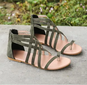Gladiator Sandals for Women Cross Strappy Flat Sandals T-Strap Fisherman Open Toe Ankle Strap Beach Roman Shoes Zipper