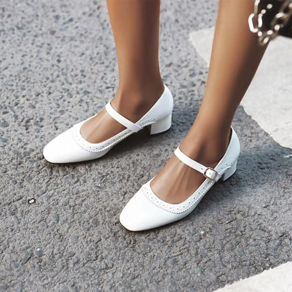 Hee grand Vintage Mary Jane Shoes Chunky Heels for Women Square Toe Adjustable Strap Pump PU Leather Brogue Work Heels Dress Shoes