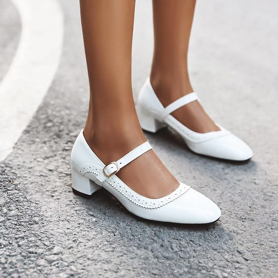 Hee grand Vintage Mary Jane Shoes Chunky Heels for Women Square Toe Adjustable Strap Pump PU Leather Brogue Work Heels Dress Shoes