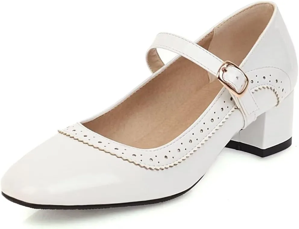 Hee grand Vintage Mary Jane Shoes Chunky Heels for Women Square Toe Adjustable Strap Pump PU Leather Brogue Work Heels Dress Shoes