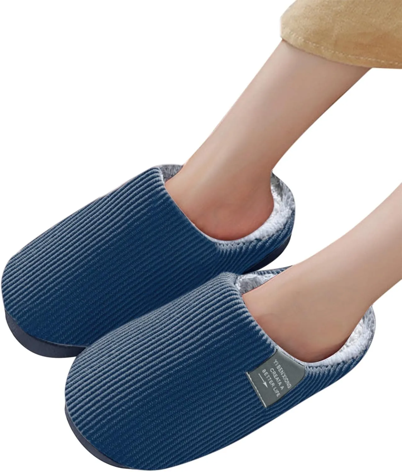 House Slippers for Men with Fuzzy Collar Memory Foam Bedroom Slippers Non-Slip Cute Indoor Bedroom Home Slippers