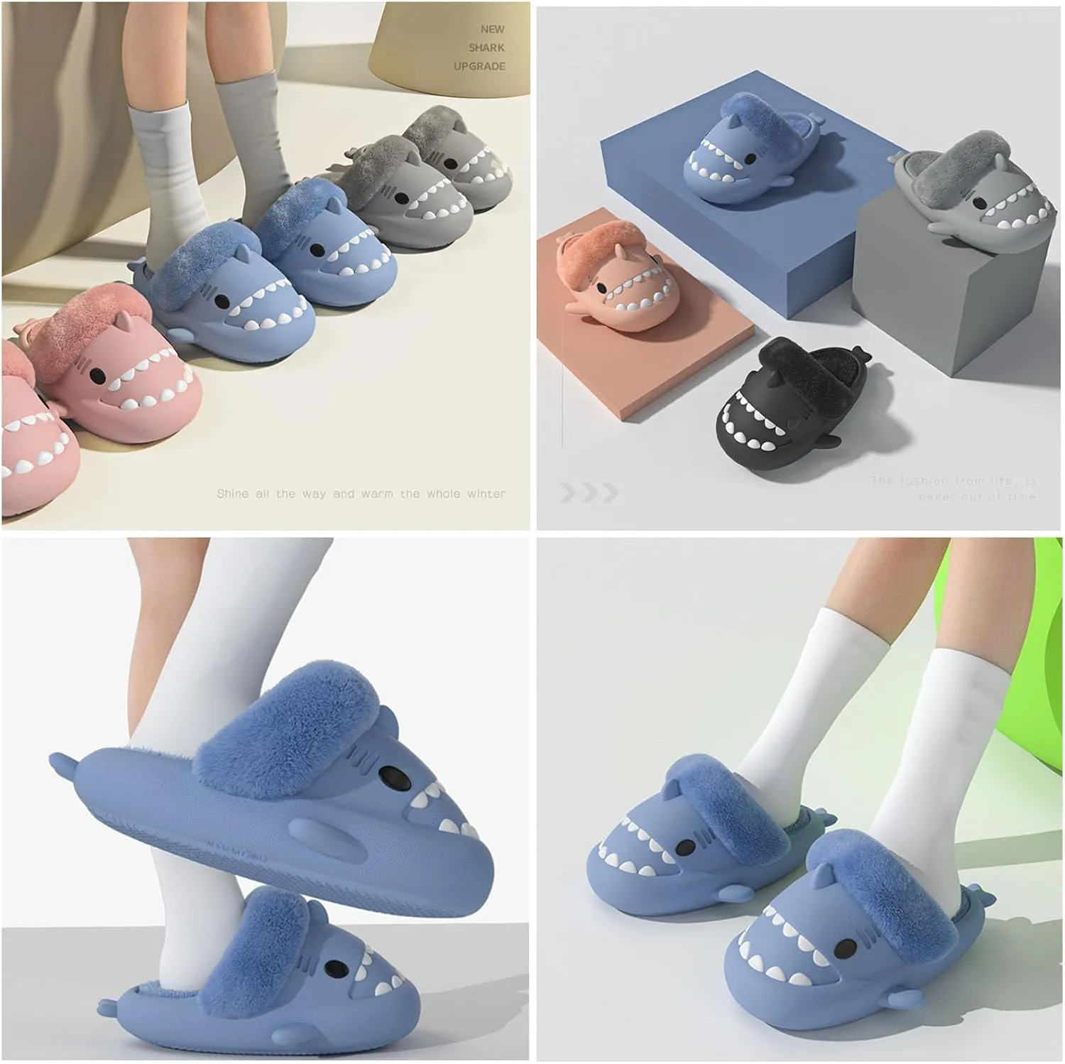 Jfxgjuv Sharklas Originales Kids Polares, Summer and Winter Shark Slides Detachable Warm Fuzzy Slippers, Warm Cozy Plush Comfy Non-Slip Home Shoes Shark Sandals