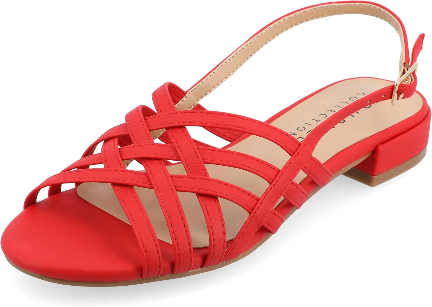 Journee Womens Woven Strappy Slingback Block Heel Buckle Ankle Open Round Toe Cassandra Comfort Sandals