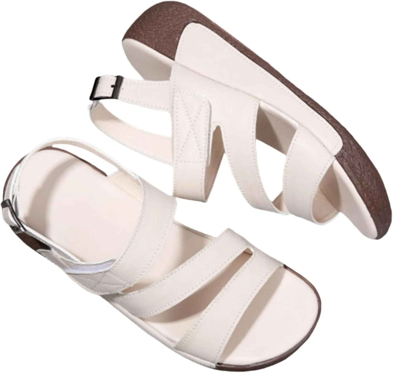 JUTONGCHANGWomen's Comfort Sandals, Strappy Design, Light Gray with Brown Sole, Adjustable Buckle