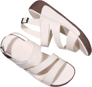 JUTONGCHANGWomen's Comfort Sandals, Strappy Design, Light Gray with Brown Sole, Adjustable Buckle