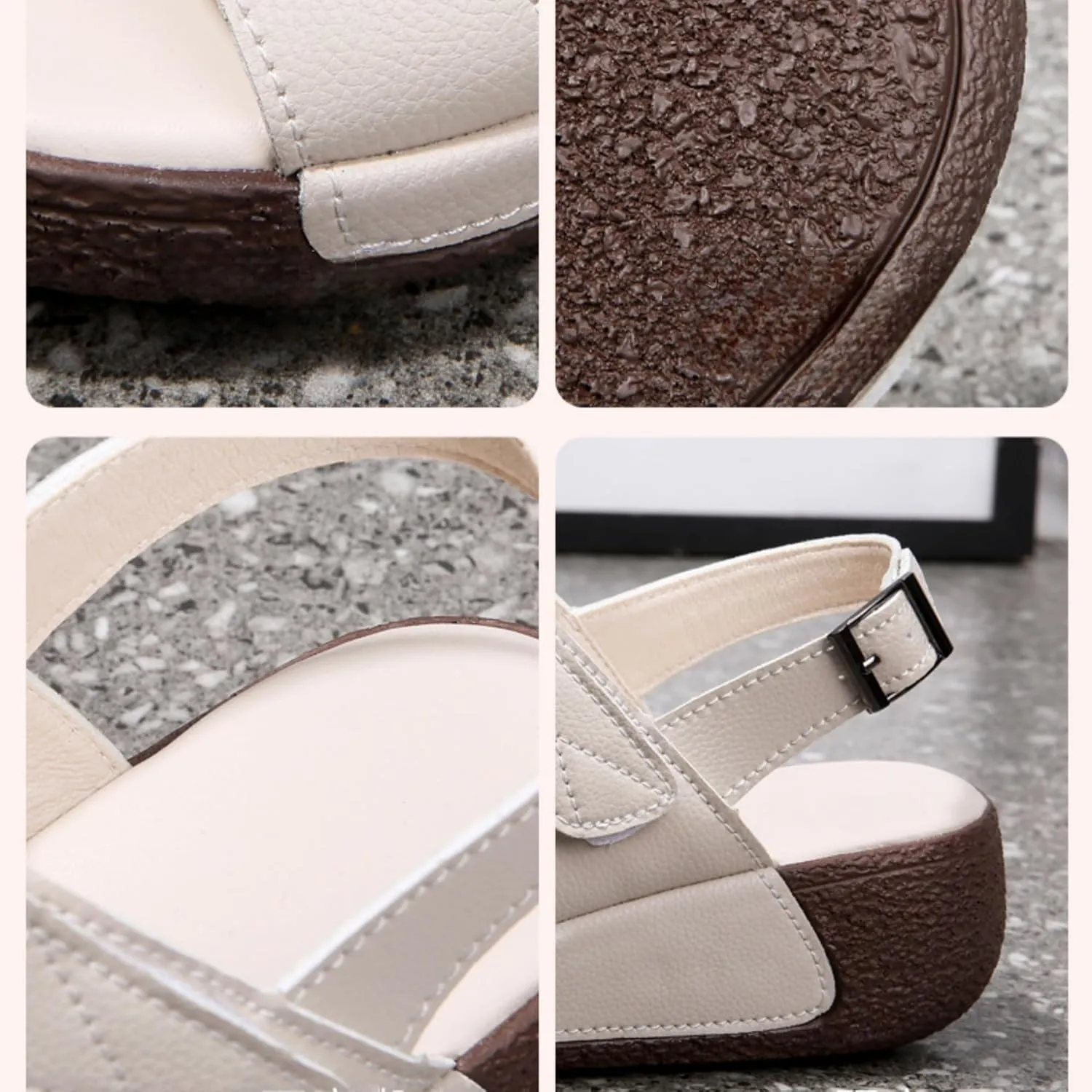 JUTONGCHANGWomen's Comfort Sandals, Strappy Design, Light Gray with Brown Sole, Adjustable Buckle