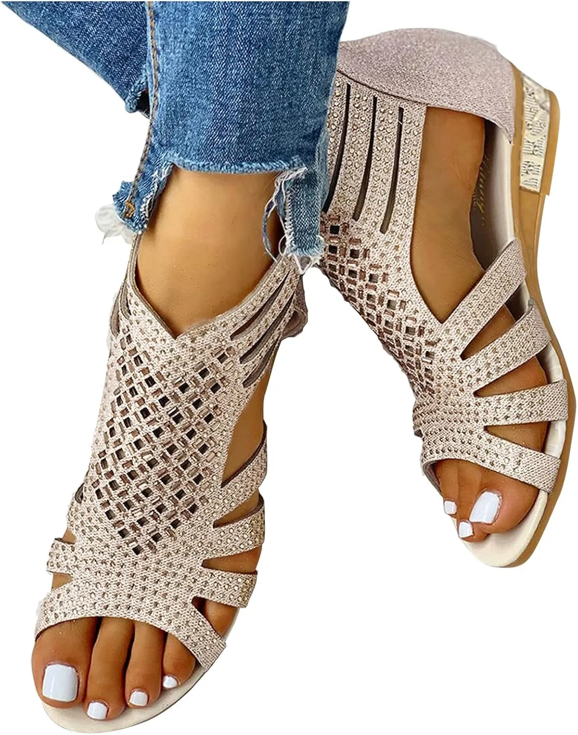 Masbird Wedges Sandals for Women,Sandals for Women Casual Summer Open Toe Ankle Strap Snakeskin Wedge Platform Sandals Outdoor Shoes Womens Sandals Beige