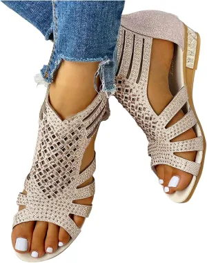 Masbird Wedges Sandals for Women,Sandals for Women Casual Summer Open Toe Ankle Strap Snakeskin Wedge Platform Sandals Outdoor Shoes Womens Sandals Beige