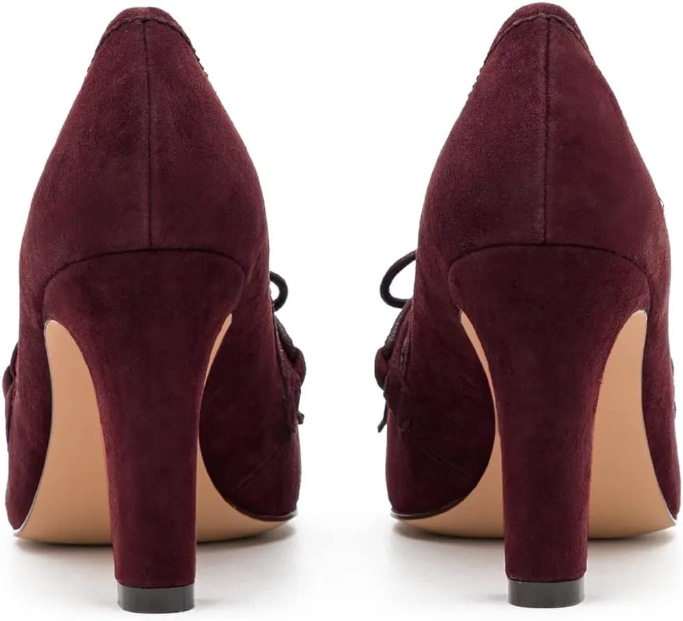 MOOMMO Women High Chunky Heel Loafers Bow & Fringe Pumps Closed Round Toe Slip On Tassel Loafers 3 Inch Block Heel Suede Oxford Shoes for Office Ladies Work Business Party Dress Shoes Spring 4-11 M US