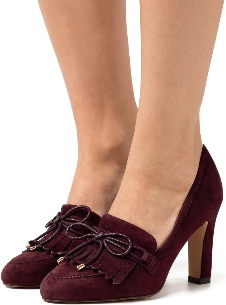 MOOMMO Women High Chunky Heel Loafers Bow & Fringe Pumps Closed Round Toe Slip On Tassel Loafers 3 Inch Block Heel Suede Oxford Shoes for Office Ladies Work Business Party Dress Shoes Spring 4-11 M US