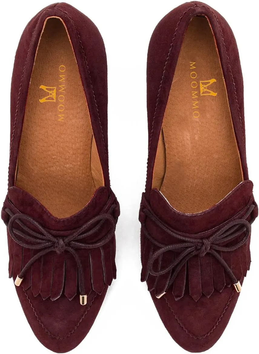 MOOMMO Women High Chunky Heel Loafers Bow & Fringe Pumps Closed Round Toe Slip On Tassel Loafers 3 Inch Block Heel Suede Oxford Shoes for Office Ladies Work Business Party Dress Shoes Spring 4-11 M US