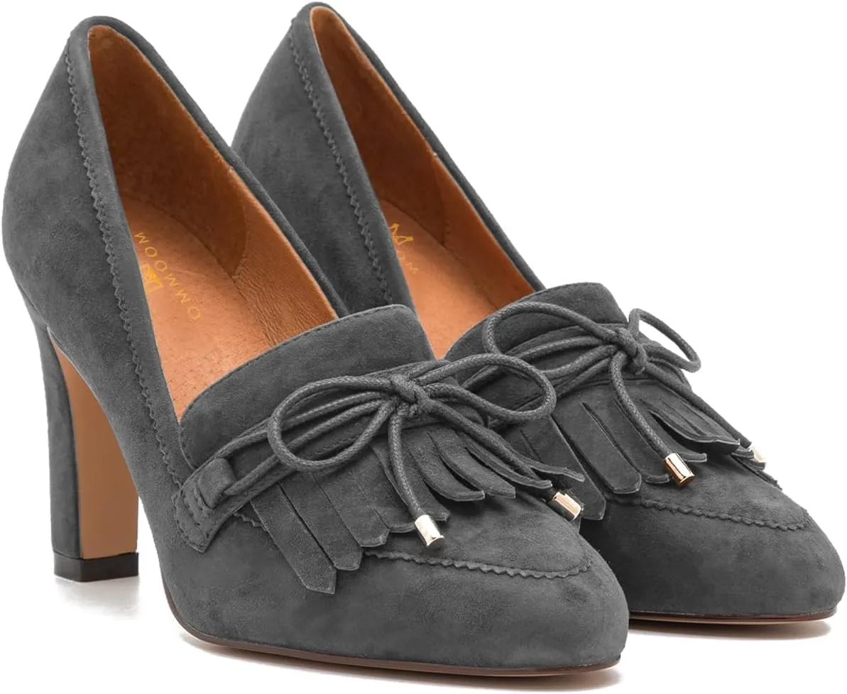 MOOMMO Women High Chunky Heel Loafers Bow & Fringe Pumps Closed Round Toe Slip On Tassel Loafers 3 Inch Block Heel Suede Oxford Shoes for Office Ladies Work Business Party Dress Shoes Spring 4-11 M US