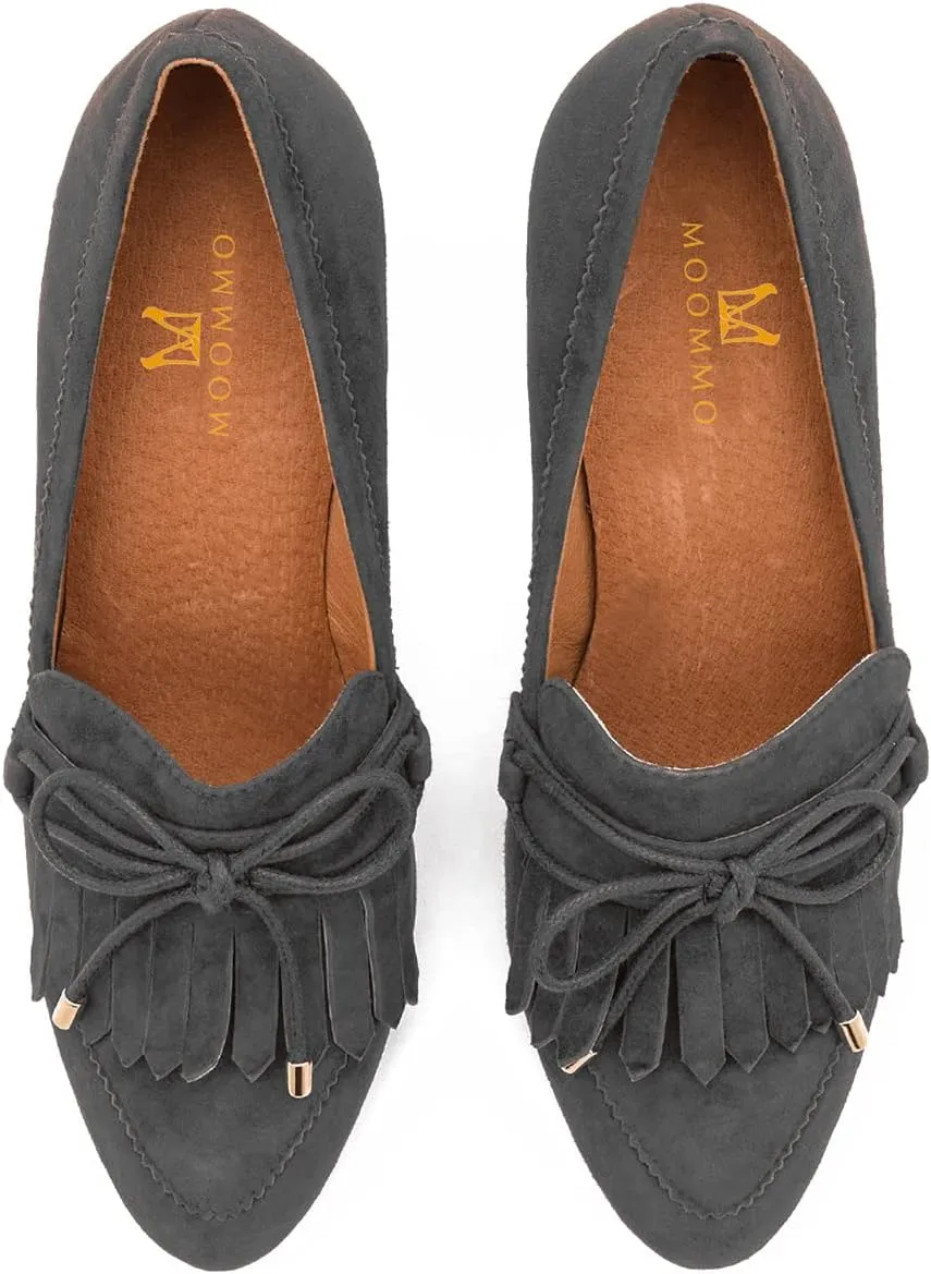 MOOMMO Women High Chunky Heel Loafers Bow & Fringe Pumps Closed Round Toe Slip On Tassel Loafers 3 Inch Block Heel Suede Oxford Shoes for Office Ladies Work Business Party Dress Shoes Spring 4-11 M US
