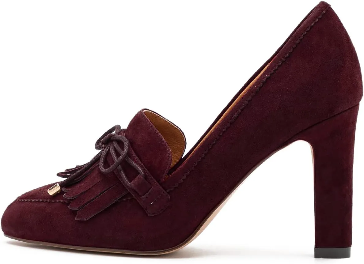MOOMMO Women High Chunky Heel Loafers Bow & Fringe Pumps Closed Round Toe Slip On Tassel Loafers 3 Inch Block Heel Suede Oxford Shoes for Office Ladies Work Business Party Dress Shoes Spring 4-11 M US