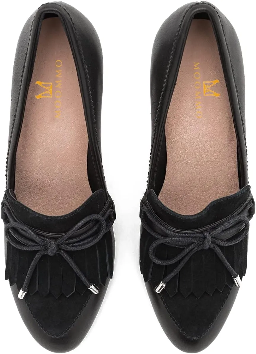 MOOMMO Women High Chunky Heel Loafers Bow & Fringe Pumps Closed Round Toe Slip On Tassel Loafers 3 Inch Block Heel Suede Oxford Shoes for Office Ladies Work Business Party Dress Shoes Spring 4-11 M US