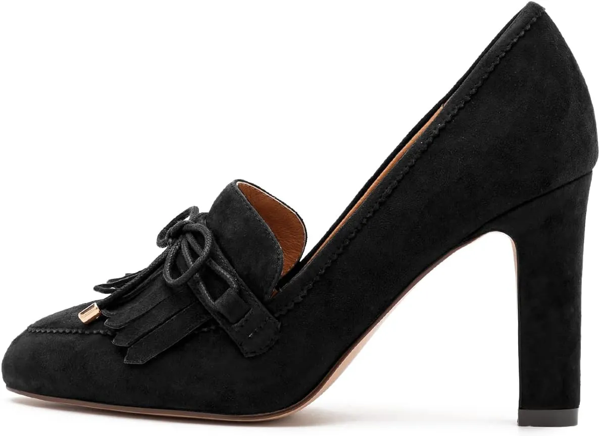 MOOMMO Women High Chunky Heel Loafers Bow & Fringe Pumps Closed Round Toe Slip On Tassel Loafers 3 Inch Block Heel Suede Oxford Shoes for Office Ladies Work Business Party Dress Shoes Spring 4-11 M US