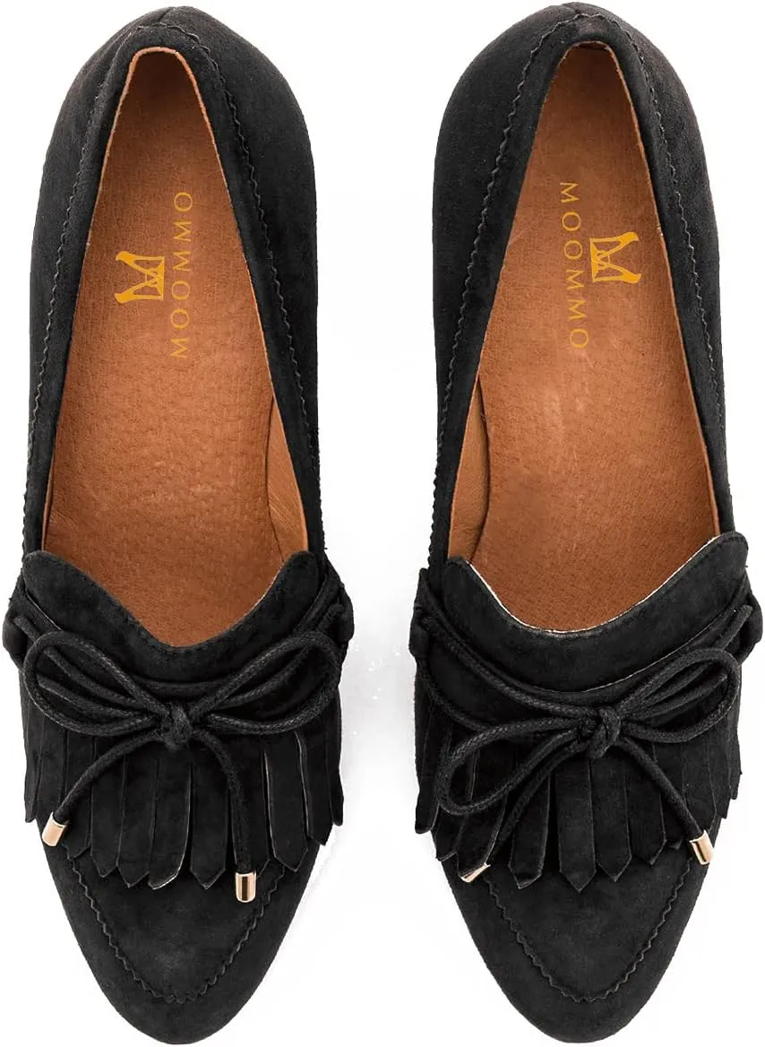 MOOMMO Women High Chunky Heel Loafers Bow & Fringe Pumps Closed Round Toe Slip On Tassel Loafers 3 Inch Block Heel Suede Oxford Shoes for Office Ladies Work Business Party Dress Shoes Spring 4-11 M US