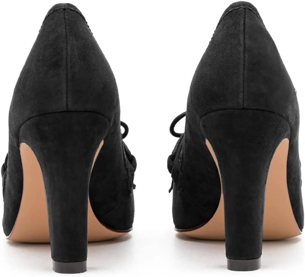 MOOMMO Women High Chunky Heel Loafers Bow & Fringe Pumps Closed Round Toe Slip On Tassel Loafers 3 Inch Block Heel Suede Oxford Shoes for Office Ladies Work Business Party Dress Shoes Spring 4-11 M US